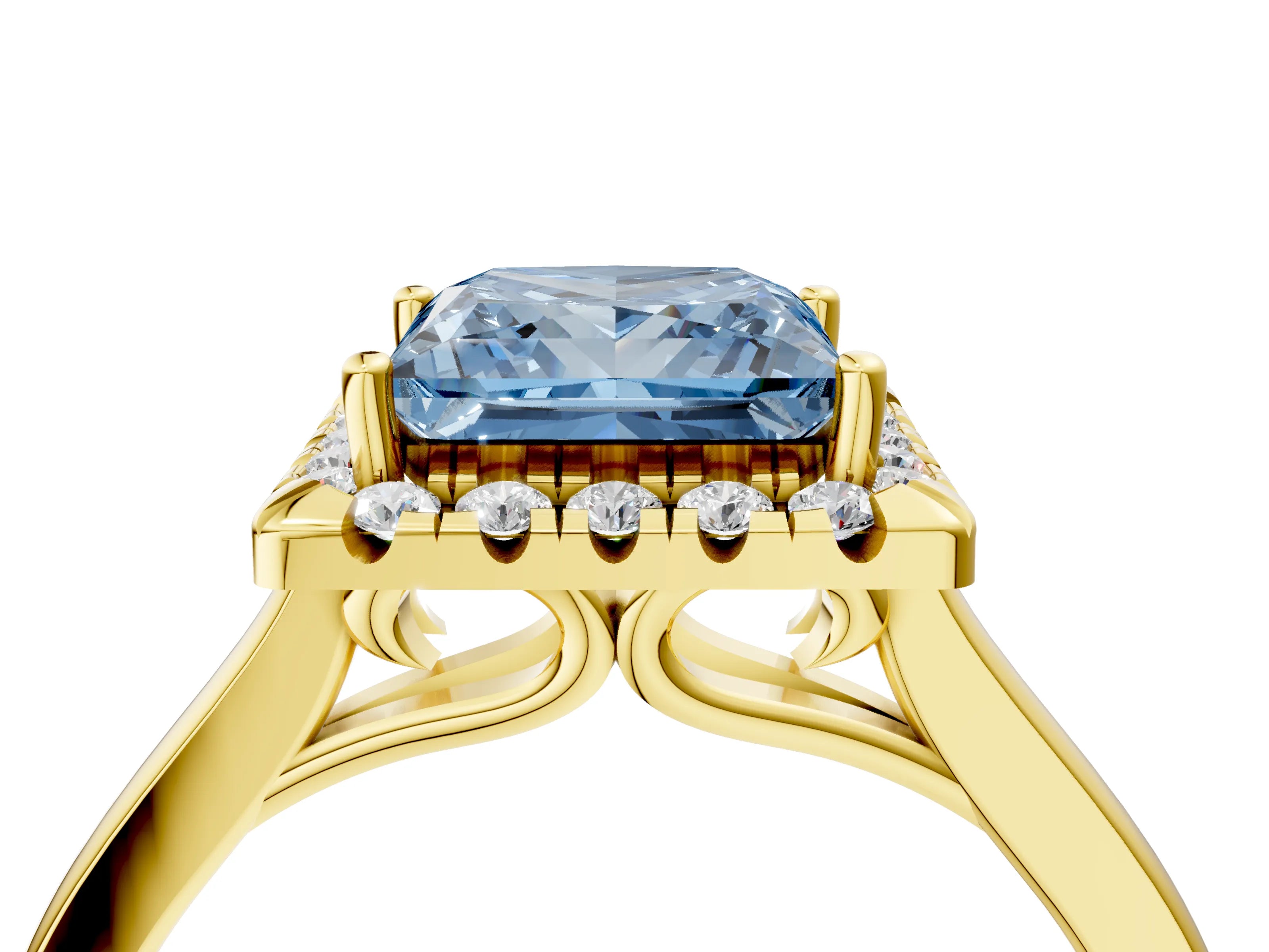 Yellow gold Fancy Blue Princess Cut Halo Round Diamond Solitaire Ring with Pavé Band and Four-Prong Setting_17