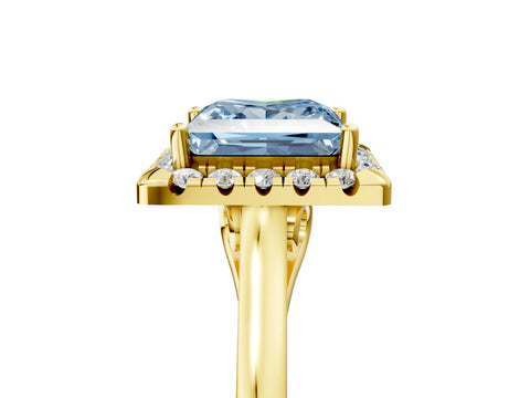 Yellow gold Fancy Blue Princess Cut Halo Round Diamond Solitaire Ring with Pavé Band and Four-Prong Setting_18