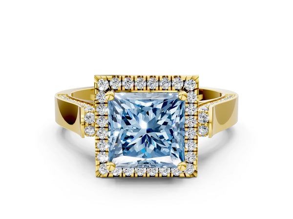 Yellow gold Fancy Blue Princess Cut Halo Round Diamond Twist Band with Four-Prong Setting