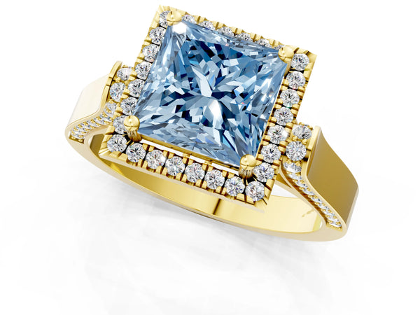 Yellow gold Fancy Blue Princess Cut Halo Round Diamond Twist Band with Four-Prong Setting