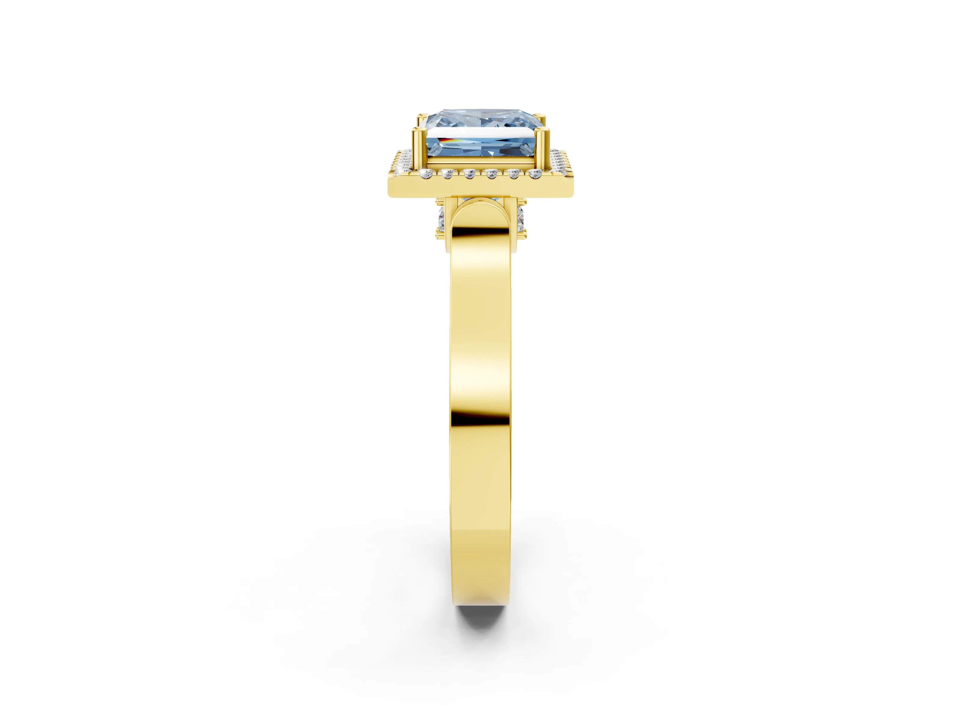 Yellow gold Fancy Blue Princess Cut Halo Round Diamond Twist Band with Four-Prong Setting_2