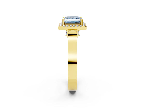Yellow gold Fancy Blue Princess Cut Halo Round Diamond Twist Band with Four-Prong Setting