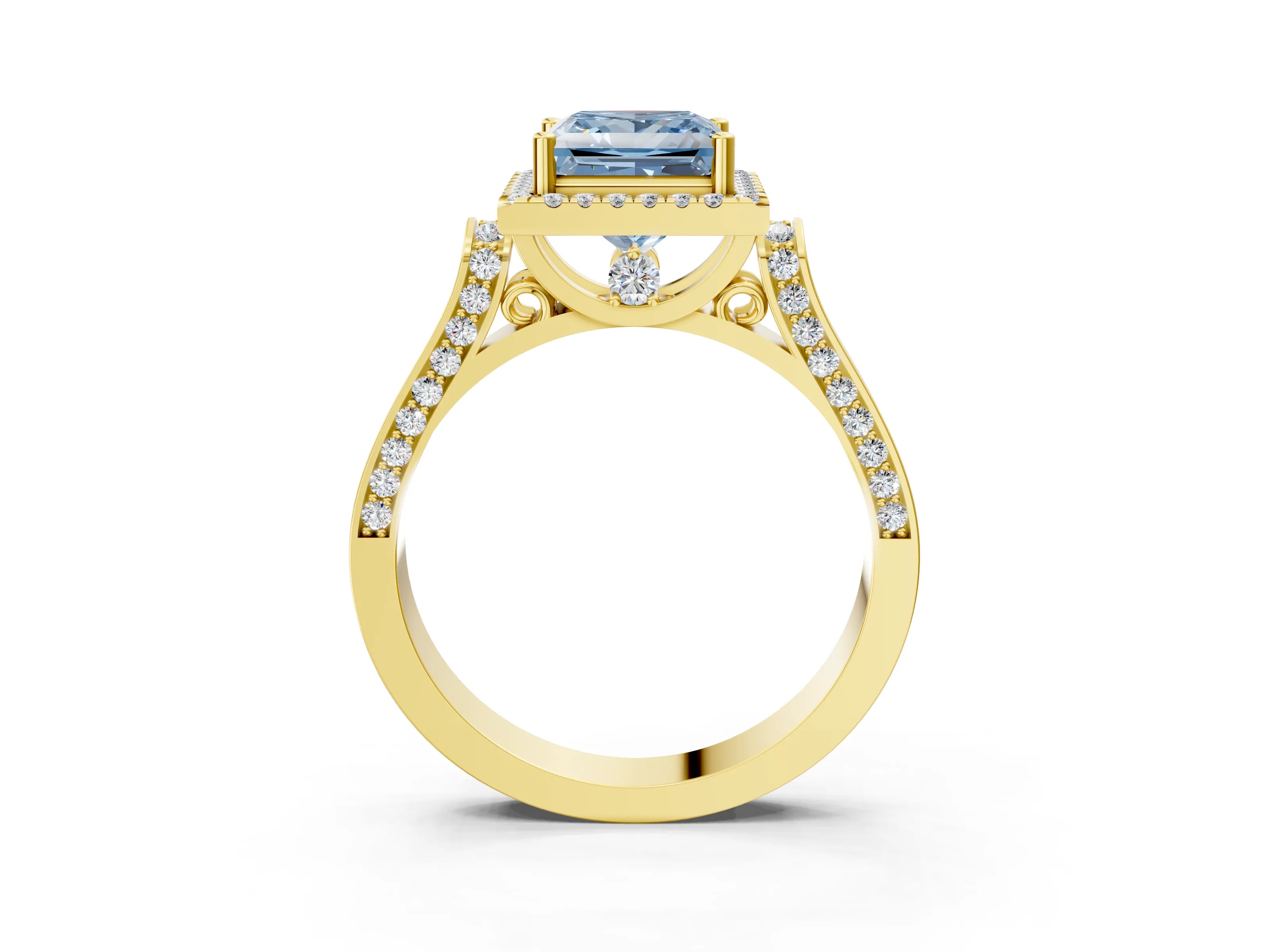 Yellow gold Fancy Blue Princess Cut Halo Round Diamond Twist Band with Four-Prong Setting_3