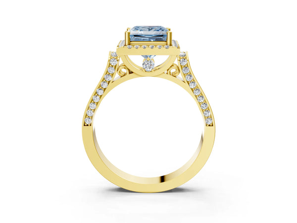 Yellow gold Fancy Blue Princess Cut Halo Round Diamond Twist Band with Four-Prong Setting