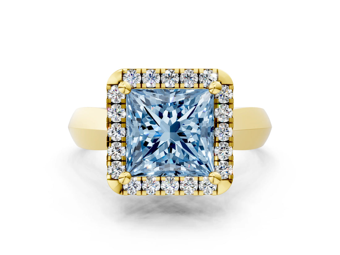 Yellow gold Fancy Blue Princess  Cut Halo Solitaire Engagement Ring with Square Band and Four-Prong Setting_66