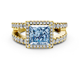 Yellow gold Fancy Blue Princess  Cut Halo Split Shank Diamond Ring with Four-Prong Setting_45