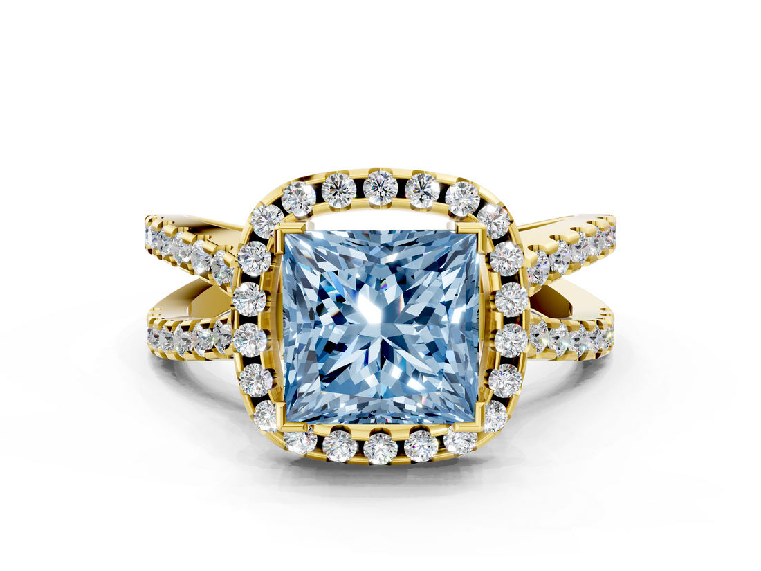 Yellow gold Fancy Blue Princess  Cut Halo Split Shank Pave Set Ring_79