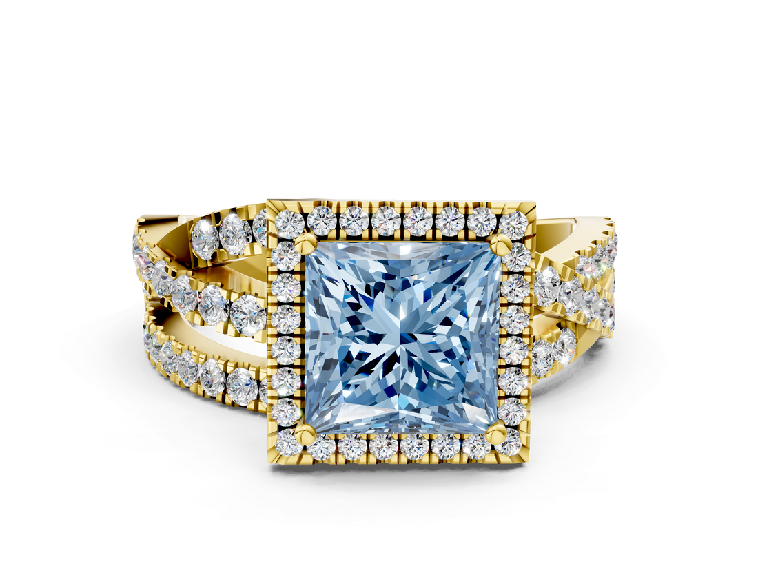 Yellow gold Fancy Blue Princess  Cut Halo Split Shank Prong Setting Ring_61