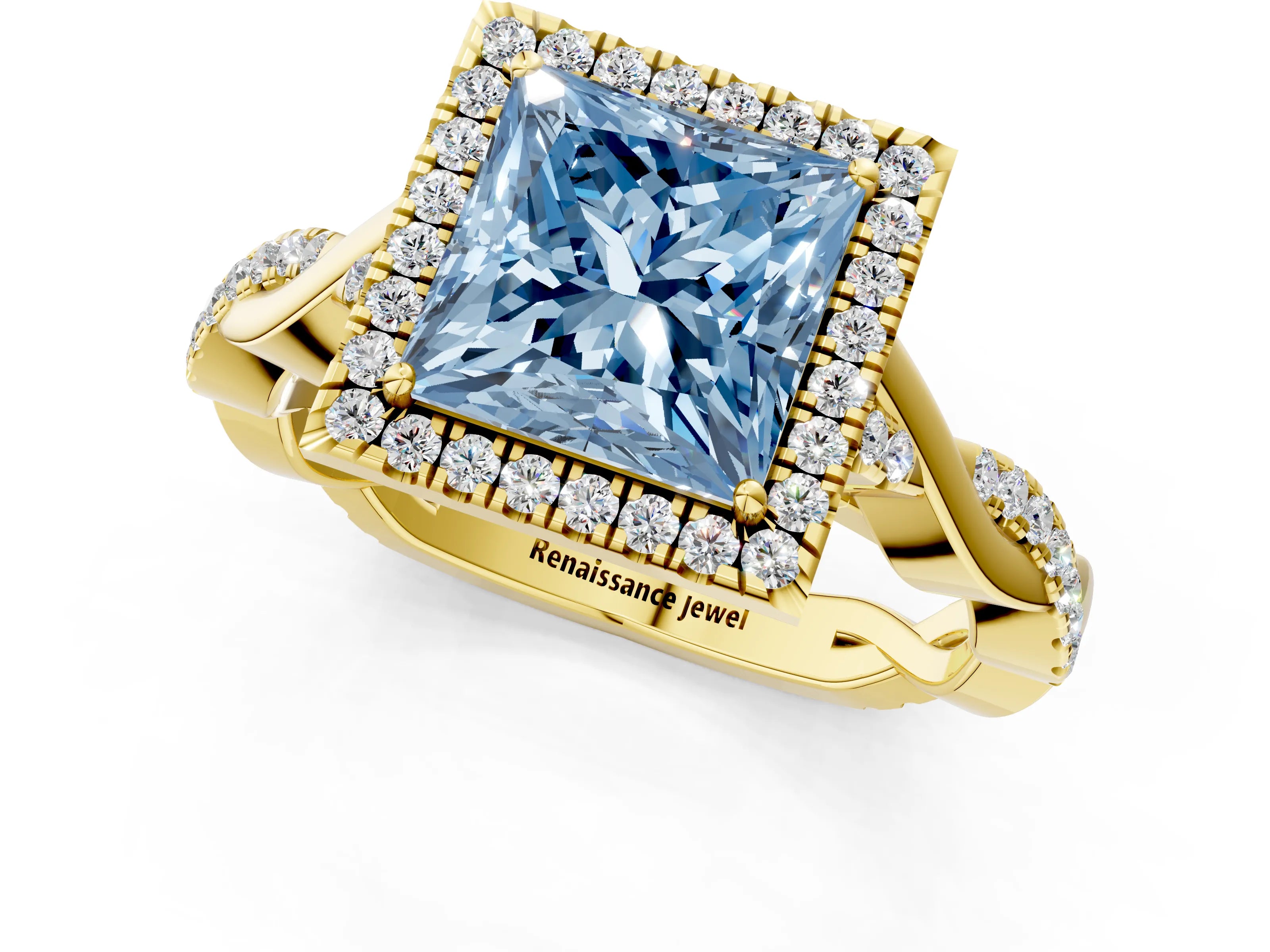 Yellow gold Fancy Blue Princess Cut Halo Twist Band with Four-Prong Setting_1
