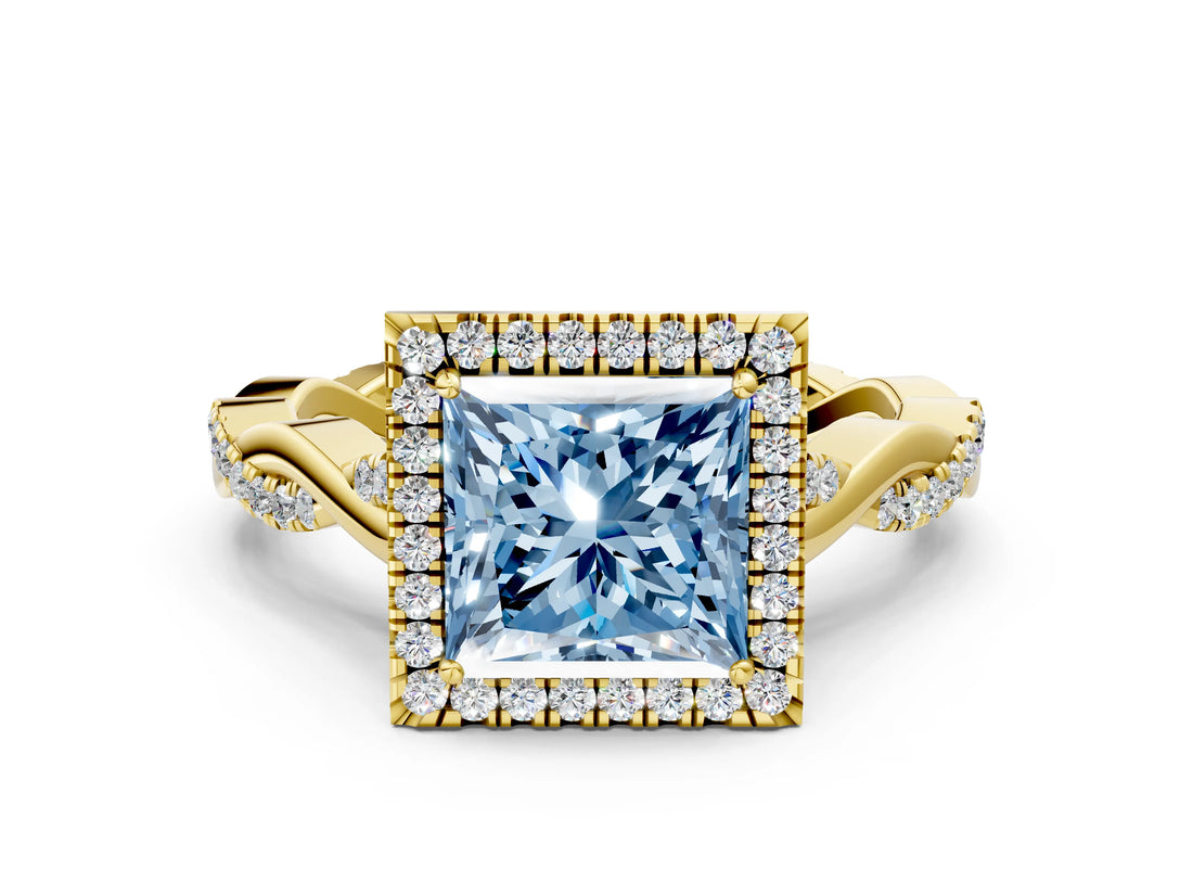 Yellow gold Fancy Blue Princess Cut Halo Twist Band with Four-Prong Setting_12