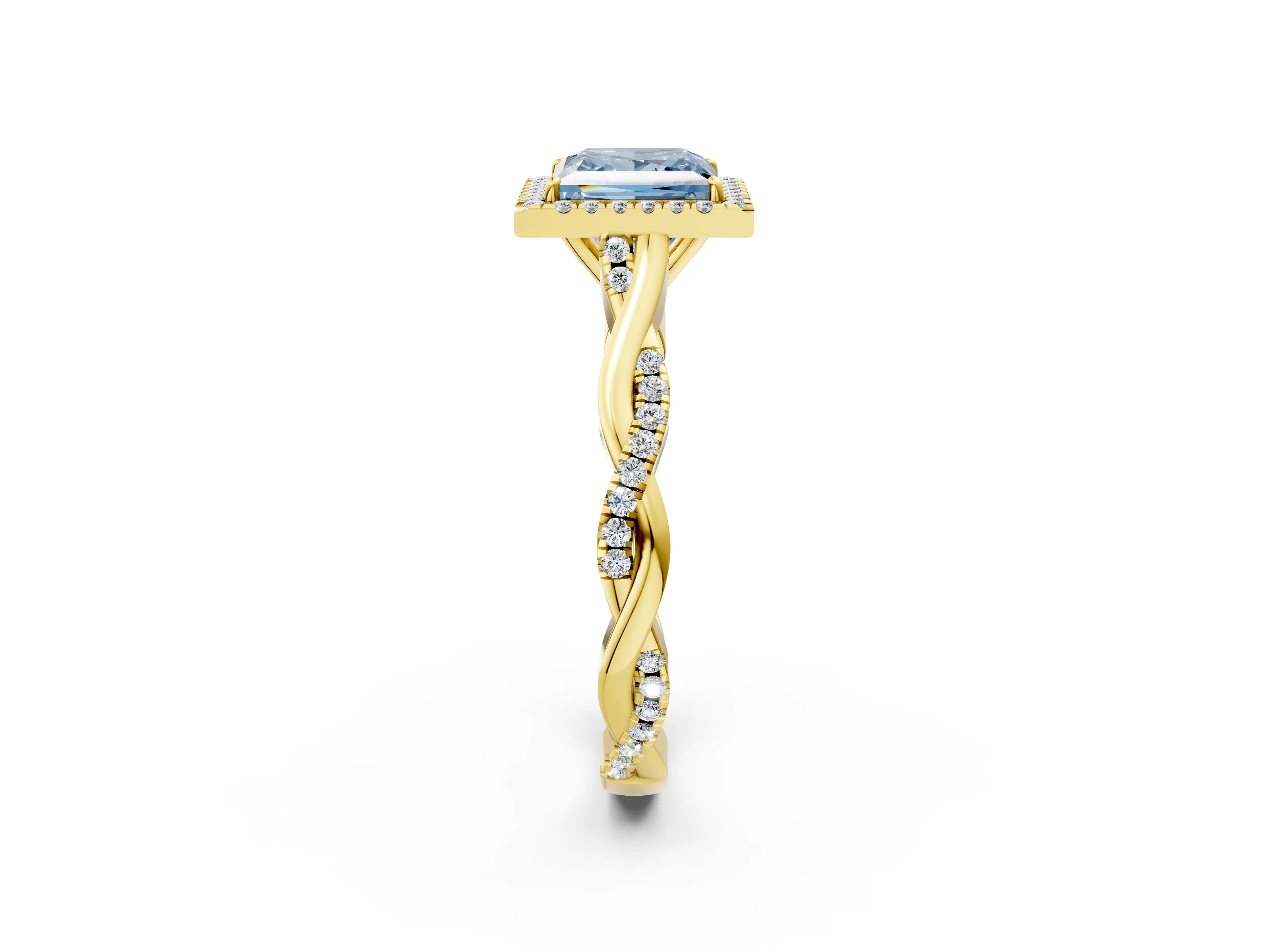 Yellow gold Fancy Blue Princess Cut Halo Twist Band with Four-Prong Setting_14