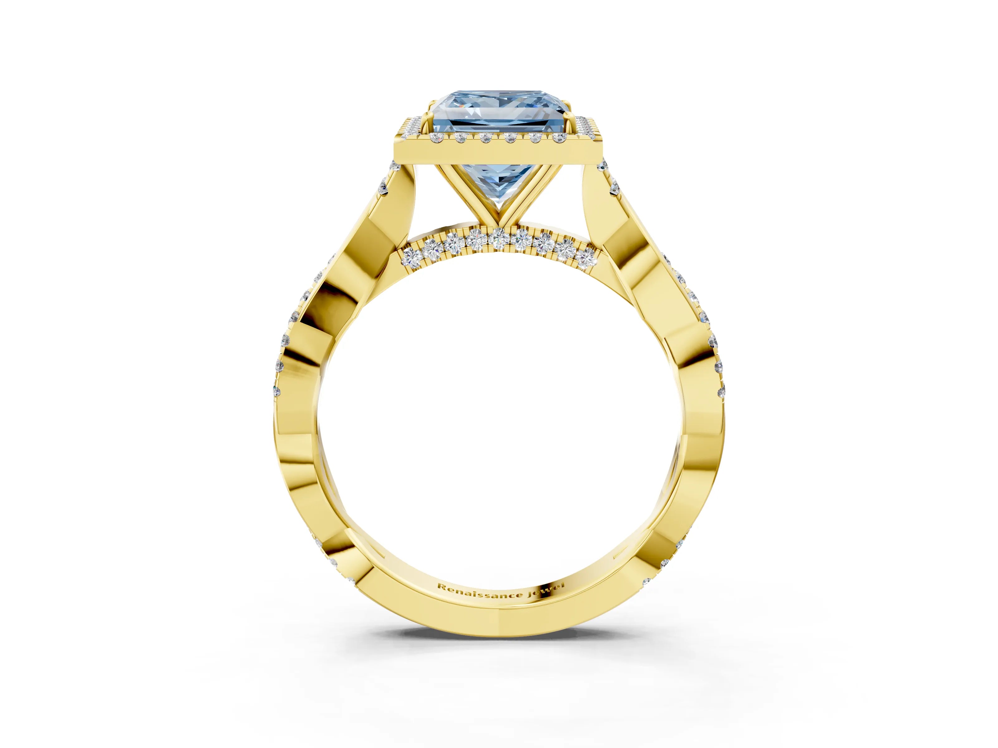 Yellow gold Fancy Blue Princess Cut Halo Twist Band with Four-Prong Setting_15