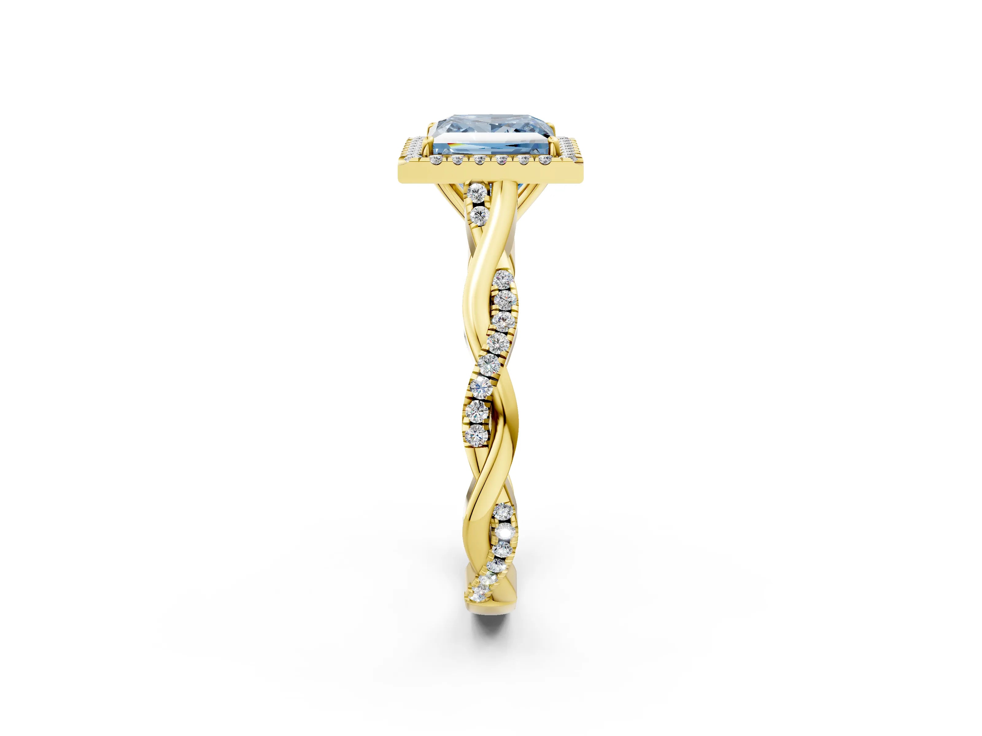 Yellow gold Fancy Blue Princess Cut Halo Twist Band with Four-Prong Setting_2