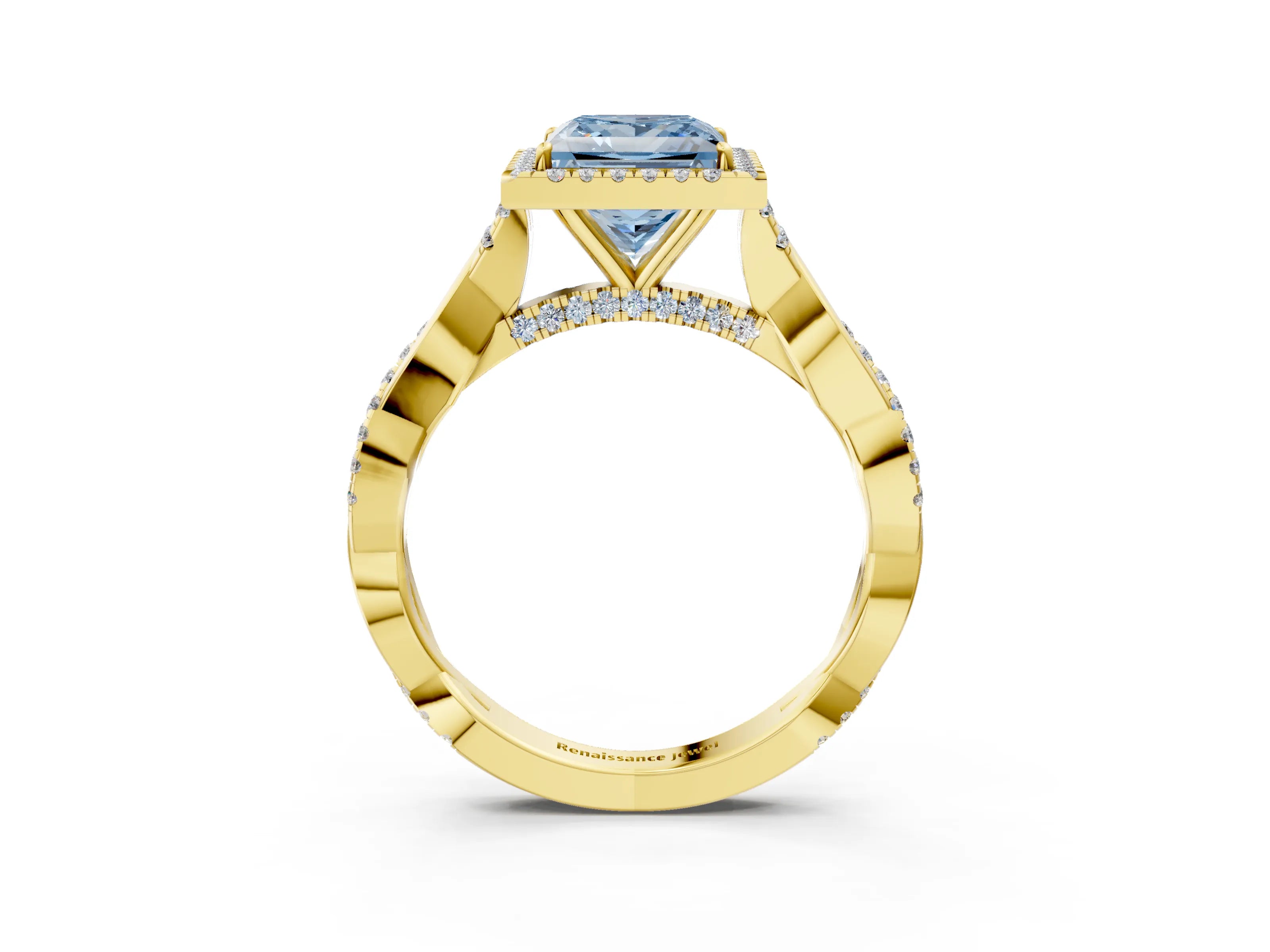 Yellow gold Fancy Blue Princess Cut Halo Twist Band with Four-Prong Setting_3