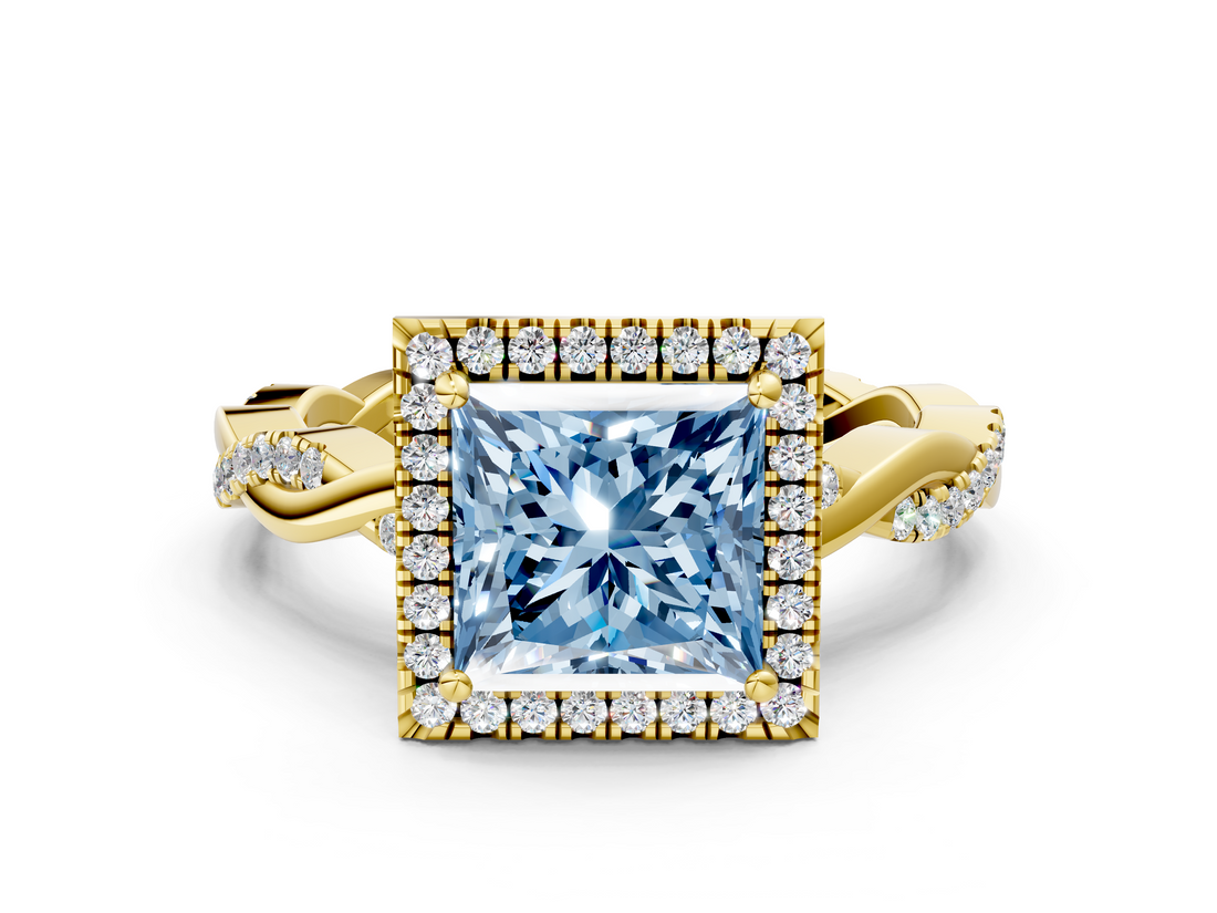 Yellow gold Fancy Blue Princess  Cut Halo Twisted Band Four-Prong Ring_20