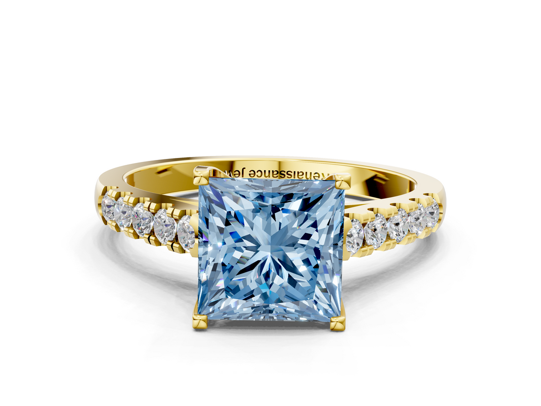 Yellow gold Fancy Blue Princess  Cut Pavé Band Solitaire Ring with Four-Prong Setting_25