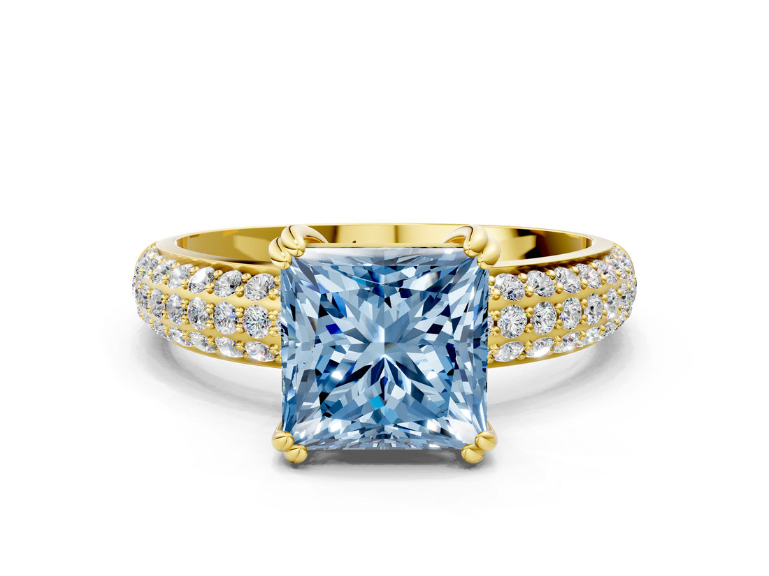 Yellow gold Fancy Blue Princess  Cut Pave Diamond Engagement Ring with Channel Set Band and Four-Prong Setting_20