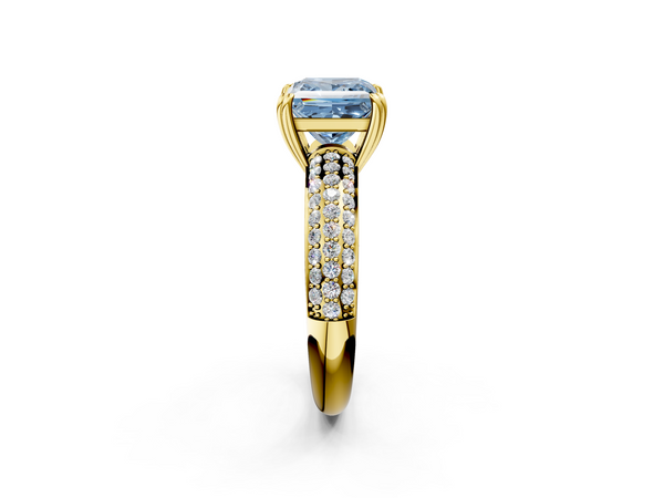 Yellow gold Fancy Blue Princess  Cut Pave Diamond Engagement Ring with Channel Set Band and Four-Prong Setting