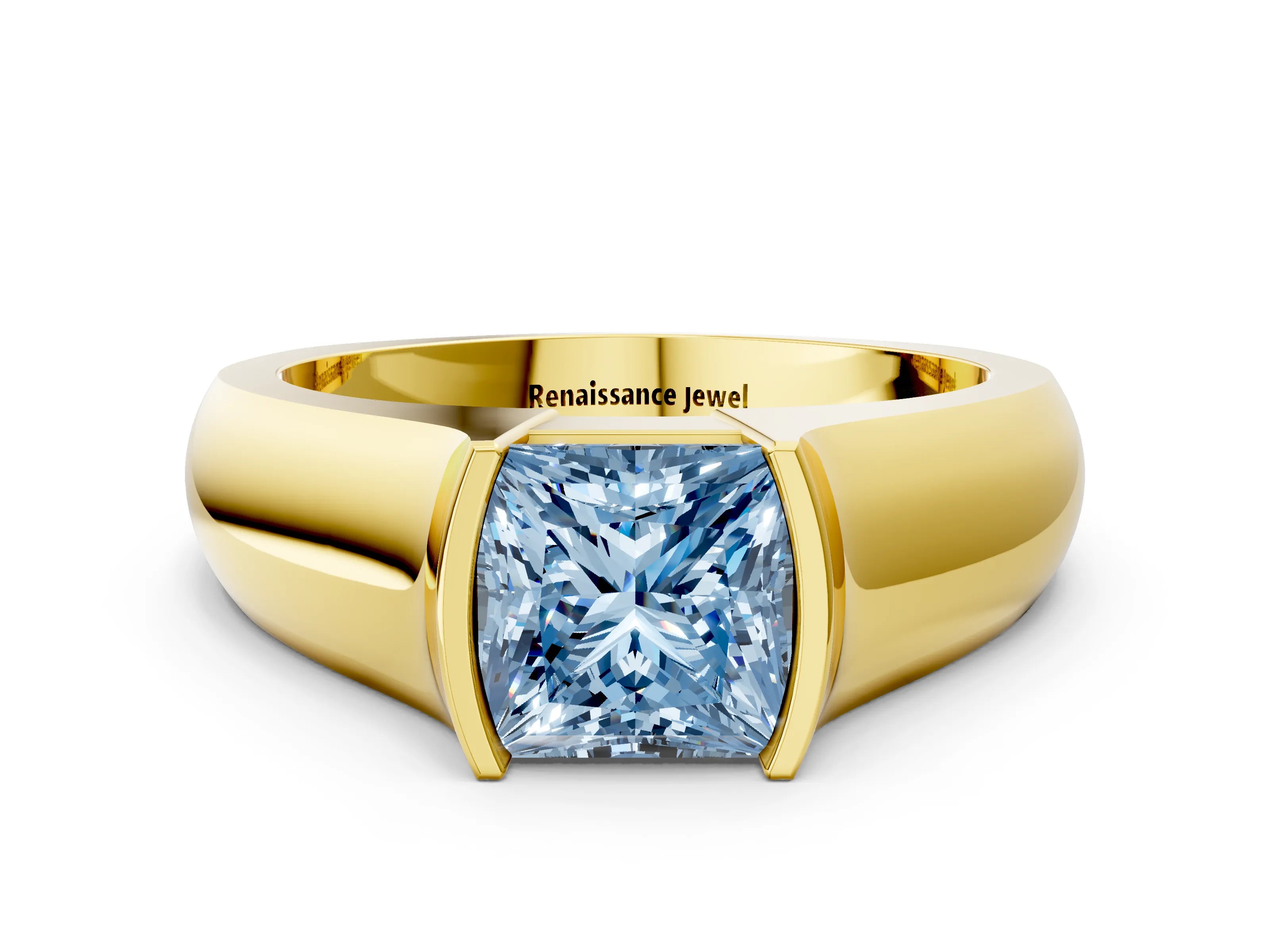Yellow gold Fancy Blue Princess Cut Solitaire Bezel Set Diamond Ring with Wide Band