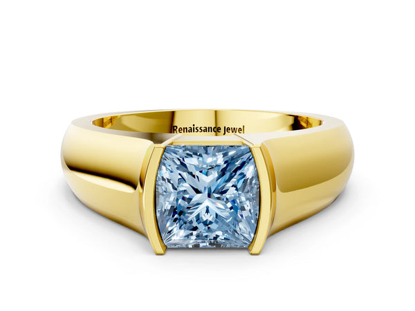 Yellow gold Fancy Blue Princess Cut Solitaire Bezel Set Diamond Ring with Wide Band