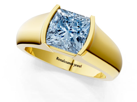 Yellow gold Fancy Blue Princess Cut Solitaire Bezel Set Diamond Ring with Wide Band_1