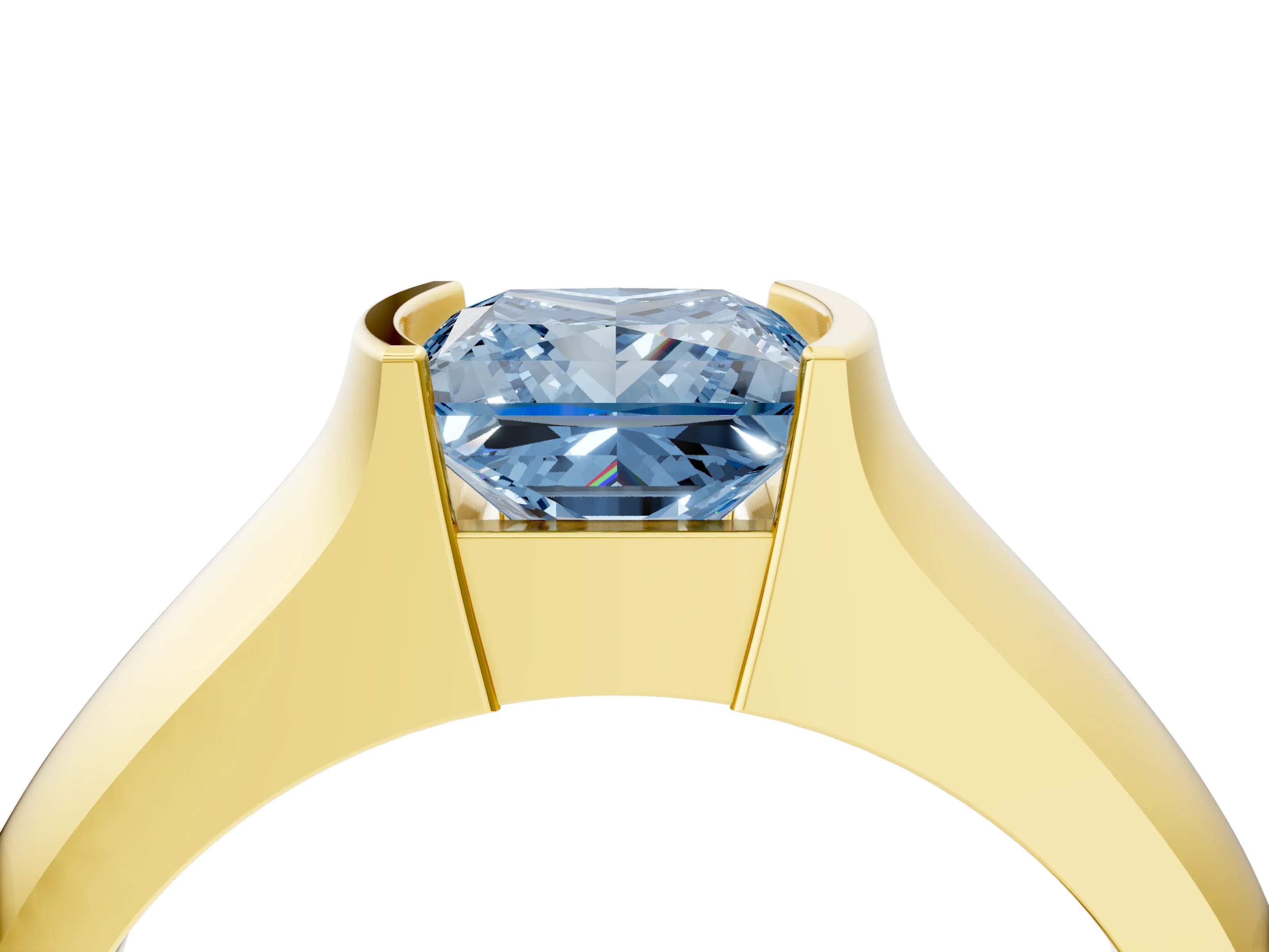 Yellow gold Fancy Blue Princess Cut Solitaire Bezel Set Diamond Ring with Wide Band_4