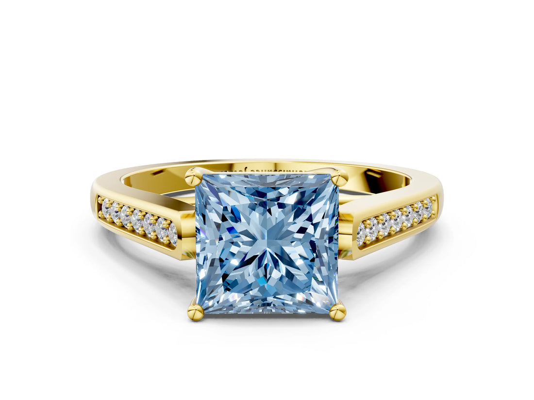 Yellow gold Fancy Blue Princess Cut Solitaire Cathedral Diamond Engagement Ring with Channel-Set Band and Four-Prong Setting_3