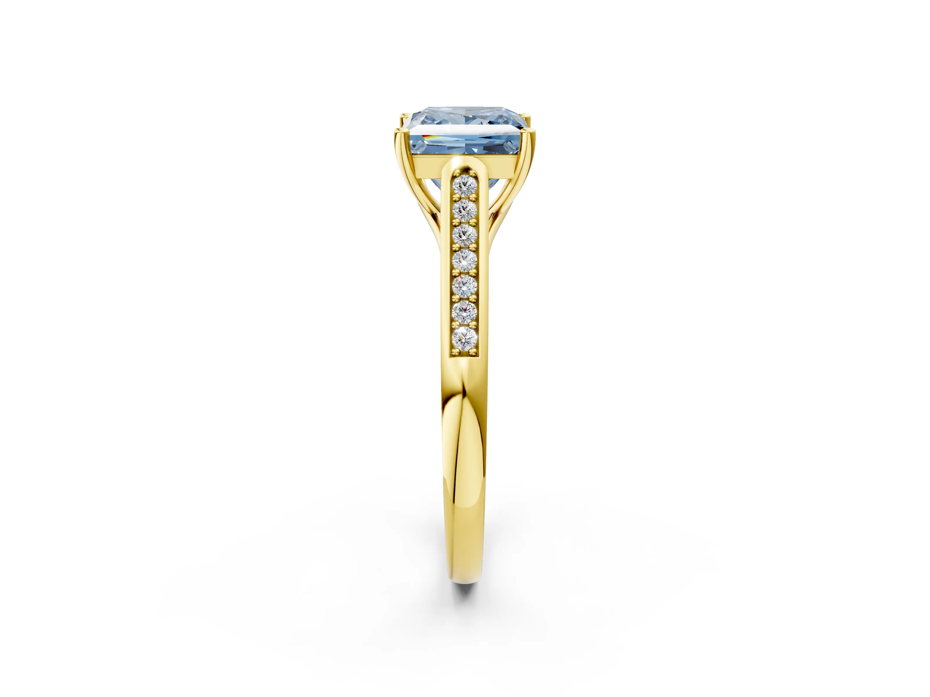Yellow gold Fancy Blue Princess Cut Solitaire Cathedral Diamond Engagement Ring with Channel-Set Band and Four-Prong Setting_5
