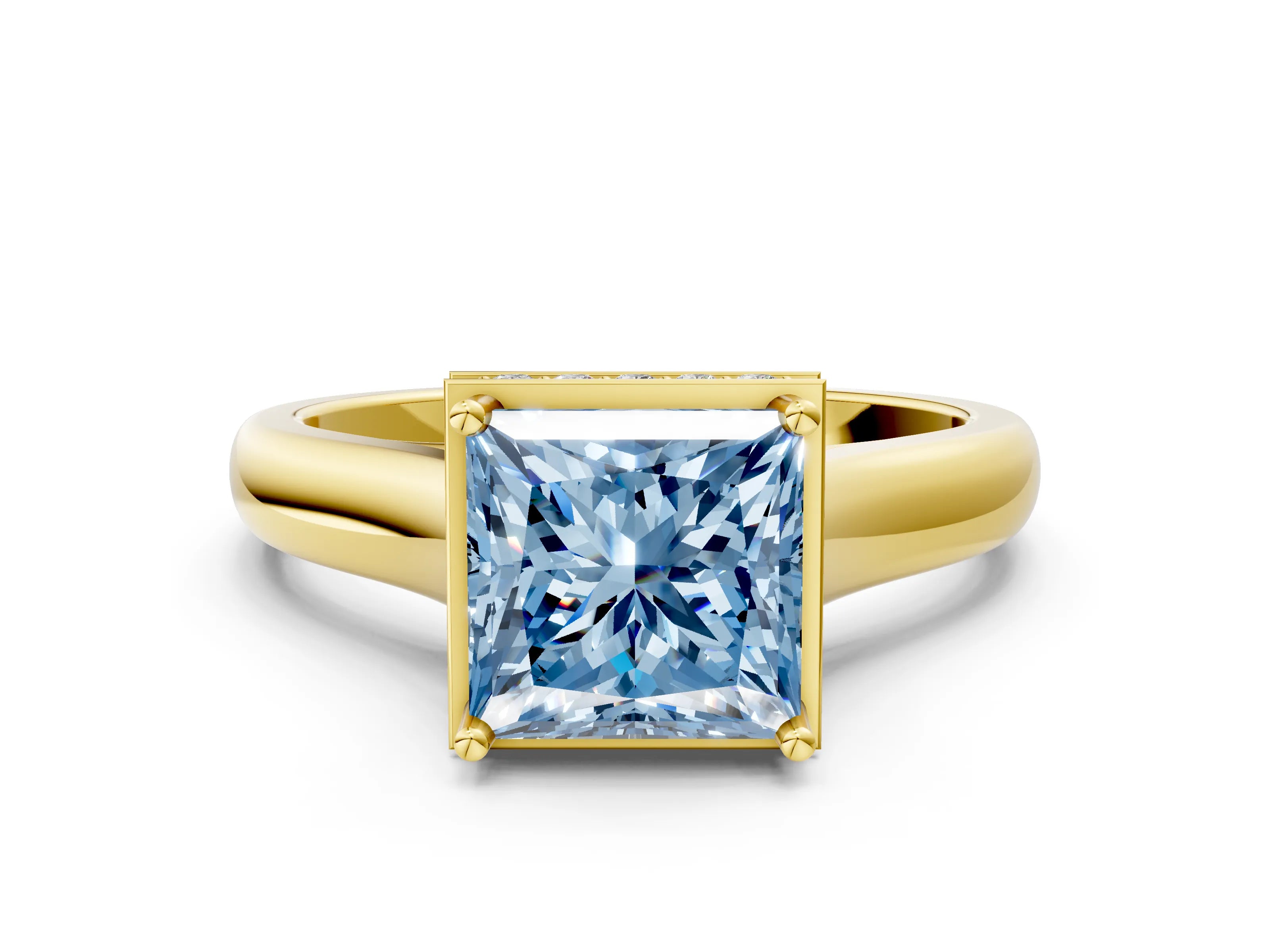 Yellow gold Fancy Blue Princess Cut Solitaire Diamond Engagement Ring with Four-Prong Setting and Tapered Band