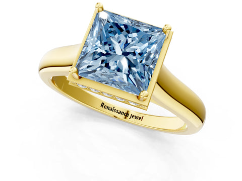 Yellow gold Fancy Blue Princess Cut Solitaire Diamond Engagement Ring with Four-Prong Setting and Tapered Band_1