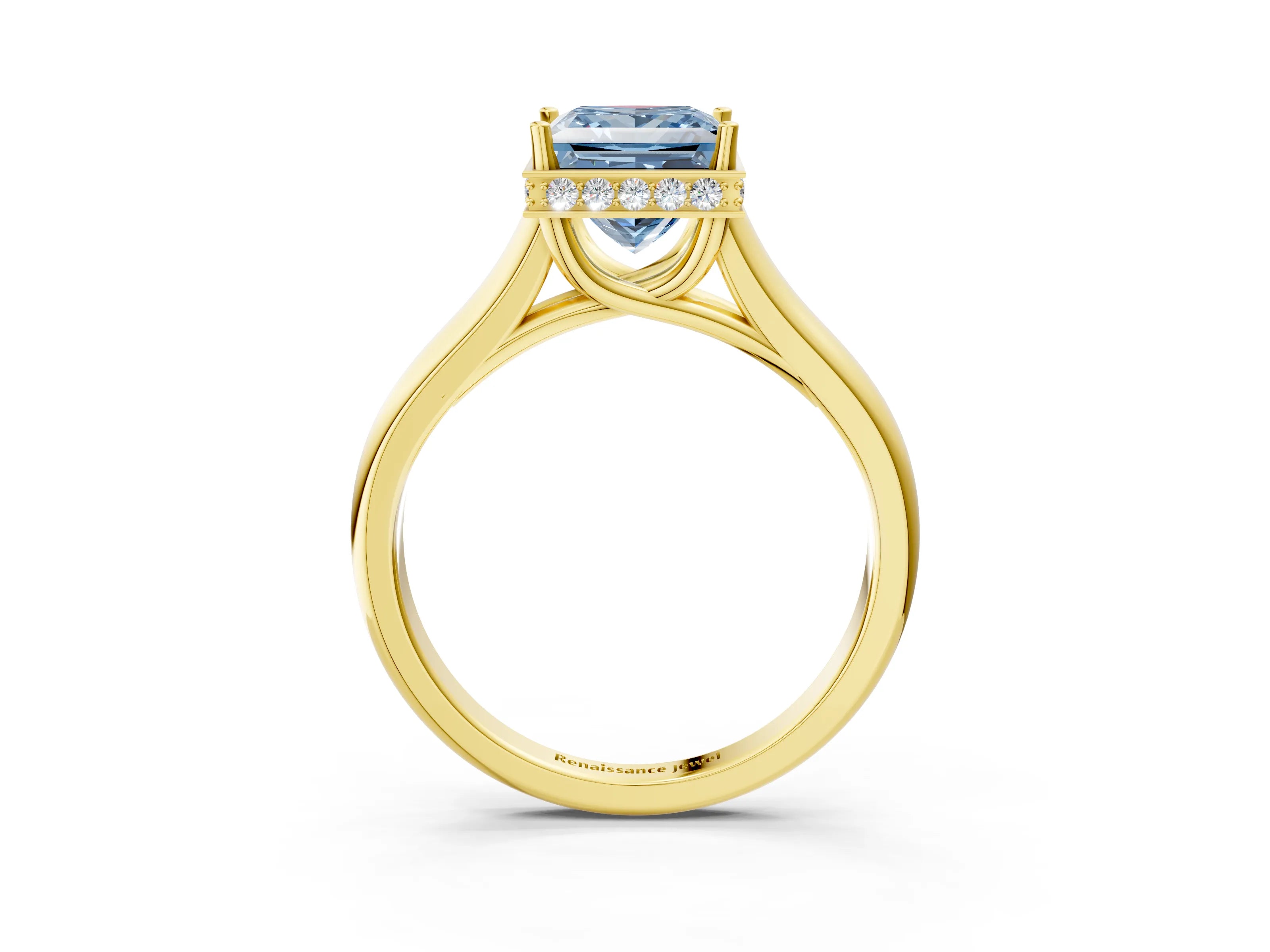 Yellow gold Fancy Blue Princess Cut Solitaire Diamond Engagement Ring with Four-Prong Setting and Tapered Band_3