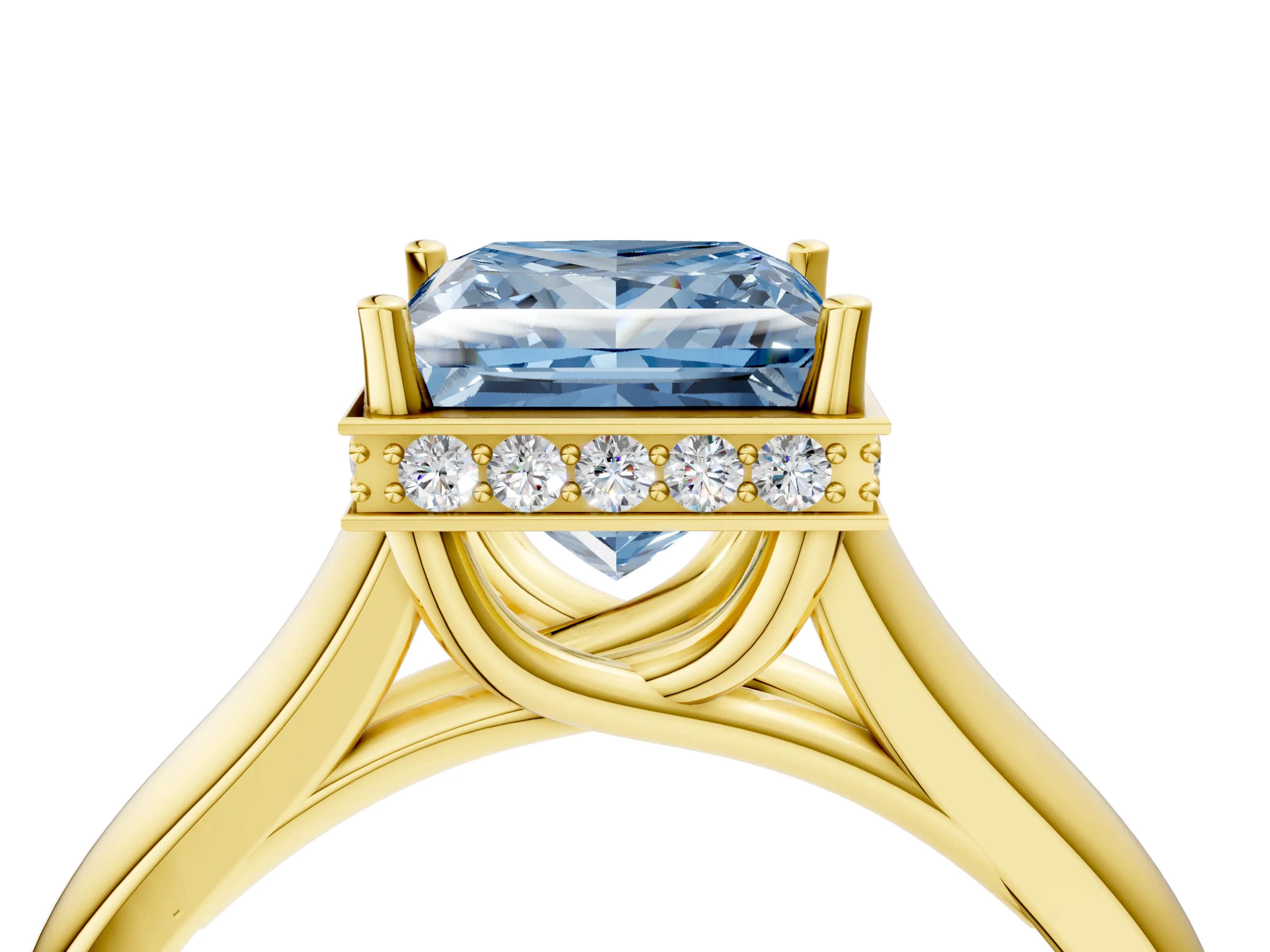 Yellow gold Fancy Blue Princess Cut Solitaire Diamond Engagement Ring with Four-Prong Setting and Tapered Band_4