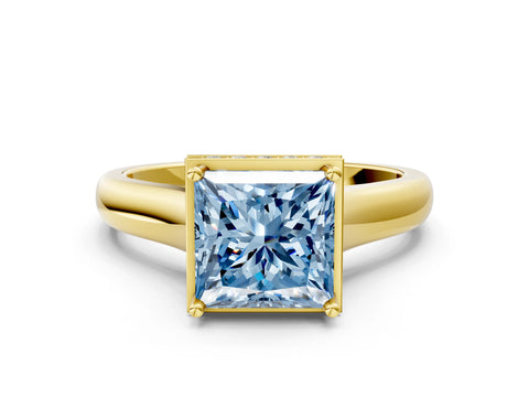 Yellow gold Fancy Blue Princess Cut Solitaire Diamond Engagement Ring with Four-Prong Setting and Tapered Band
