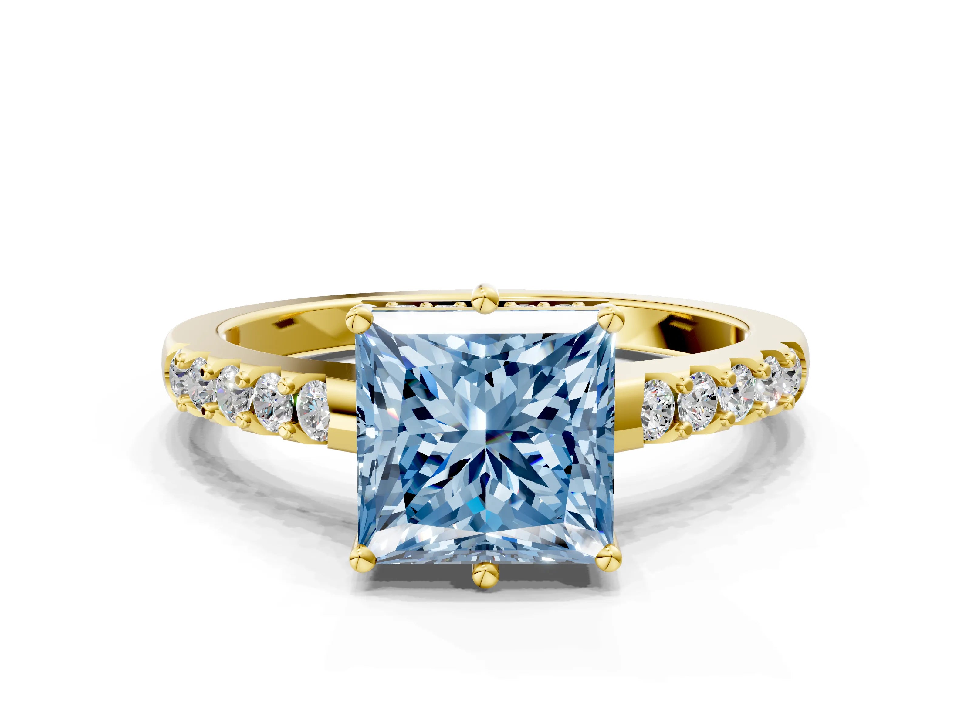 Yellow gold Fancy Blue Princess Cut Solitaire Diamond Engagement Ring with Pavé Band and Six-Prong Setting_12