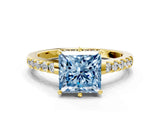 Yellow gold Fancy Blue Princess Cut Solitaire Diamond Engagement Ring with Pavé Band and Six-Prong Setting_12