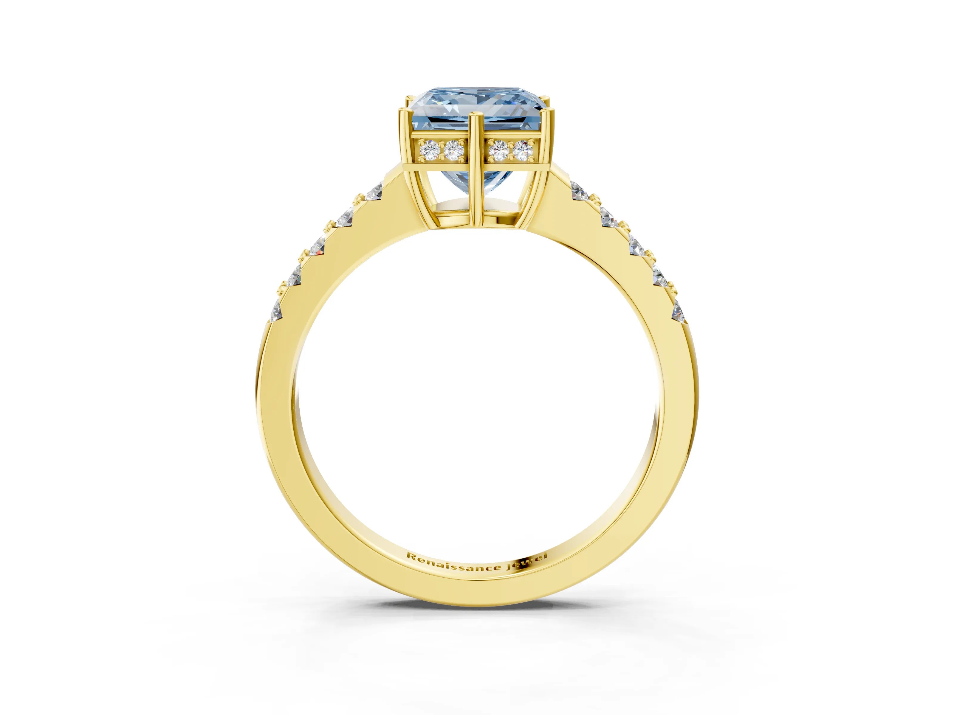 Yellow gold Fancy Blue Princess Cut Solitaire Diamond Engagement Ring with Pavé Band and Six-Prong Setting_15