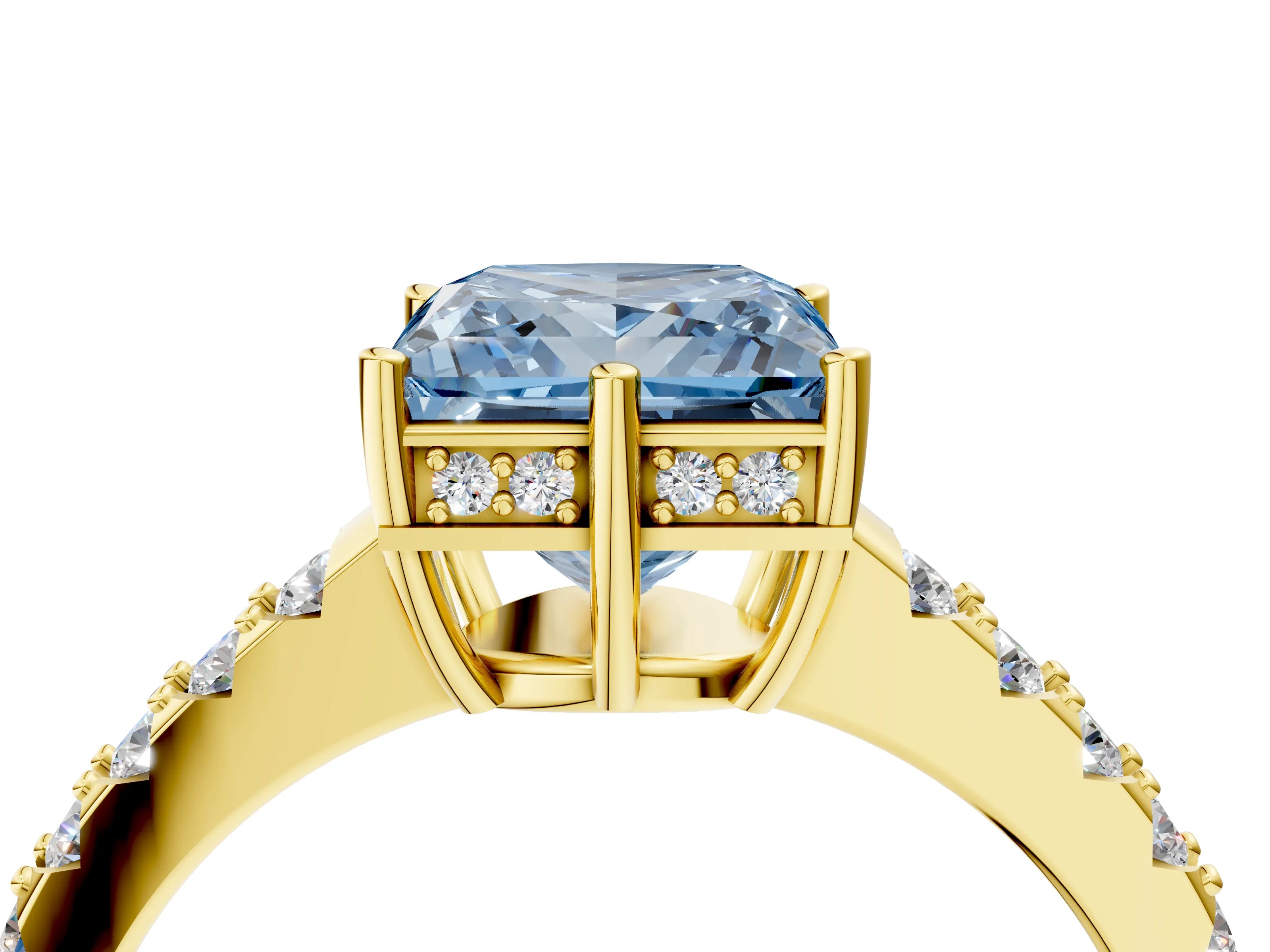 Yellow gold Fancy Blue Princess Cut Solitaire Diamond Engagement Ring with Pavé Band and Six-Prong Setting_16