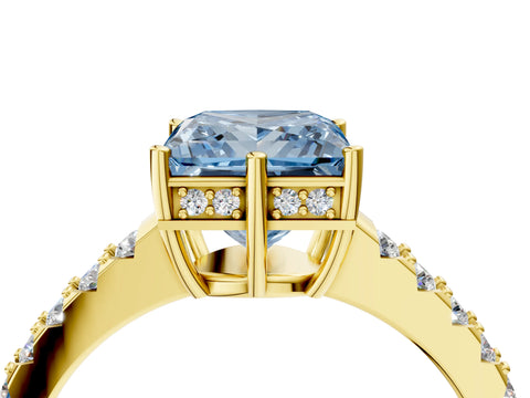 Yellow gold Fancy Blue Princess Cut Solitaire Diamond Engagement Ring with Pavé Band and Six-Prong Setting_16