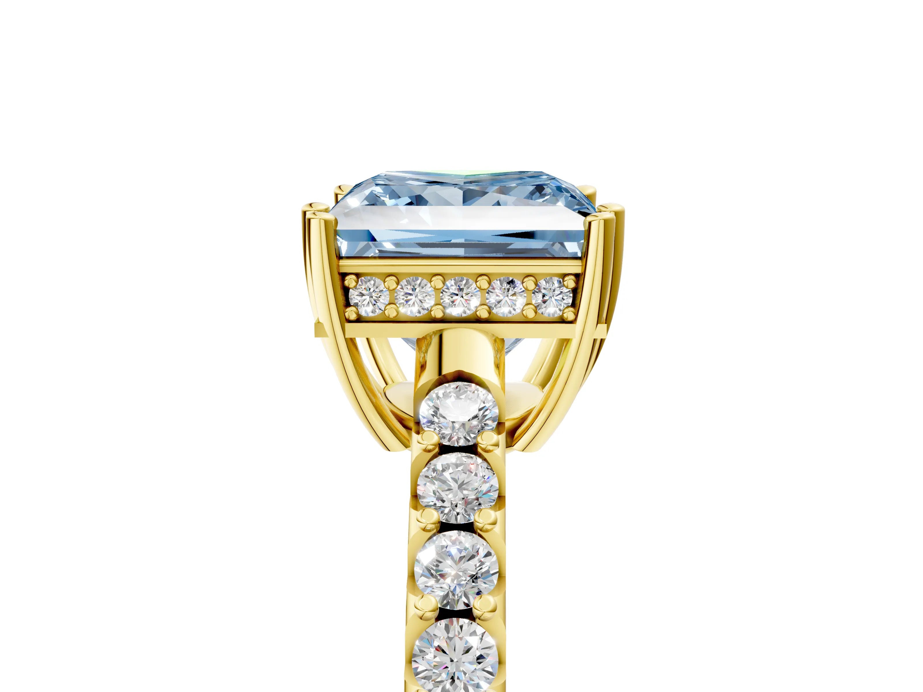 Yellow gold Fancy Blue Princess Cut Solitaire Diamond Engagement Ring with Pavé Band and Six-Prong Setting_17