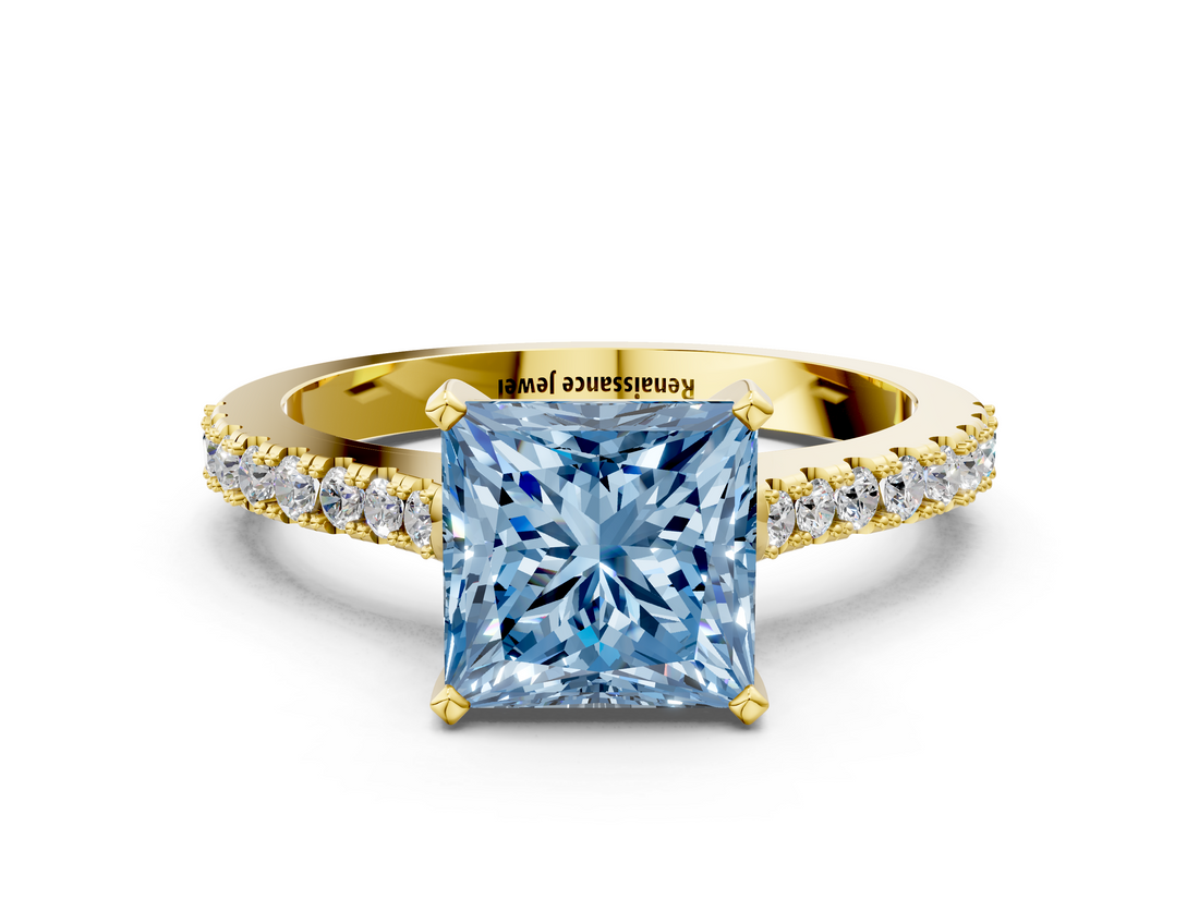Yellow gold Fancy Blue Princess  Cut Solitaire Diamond Engagement Ring with Pave Band and Four-Prong Setting_163