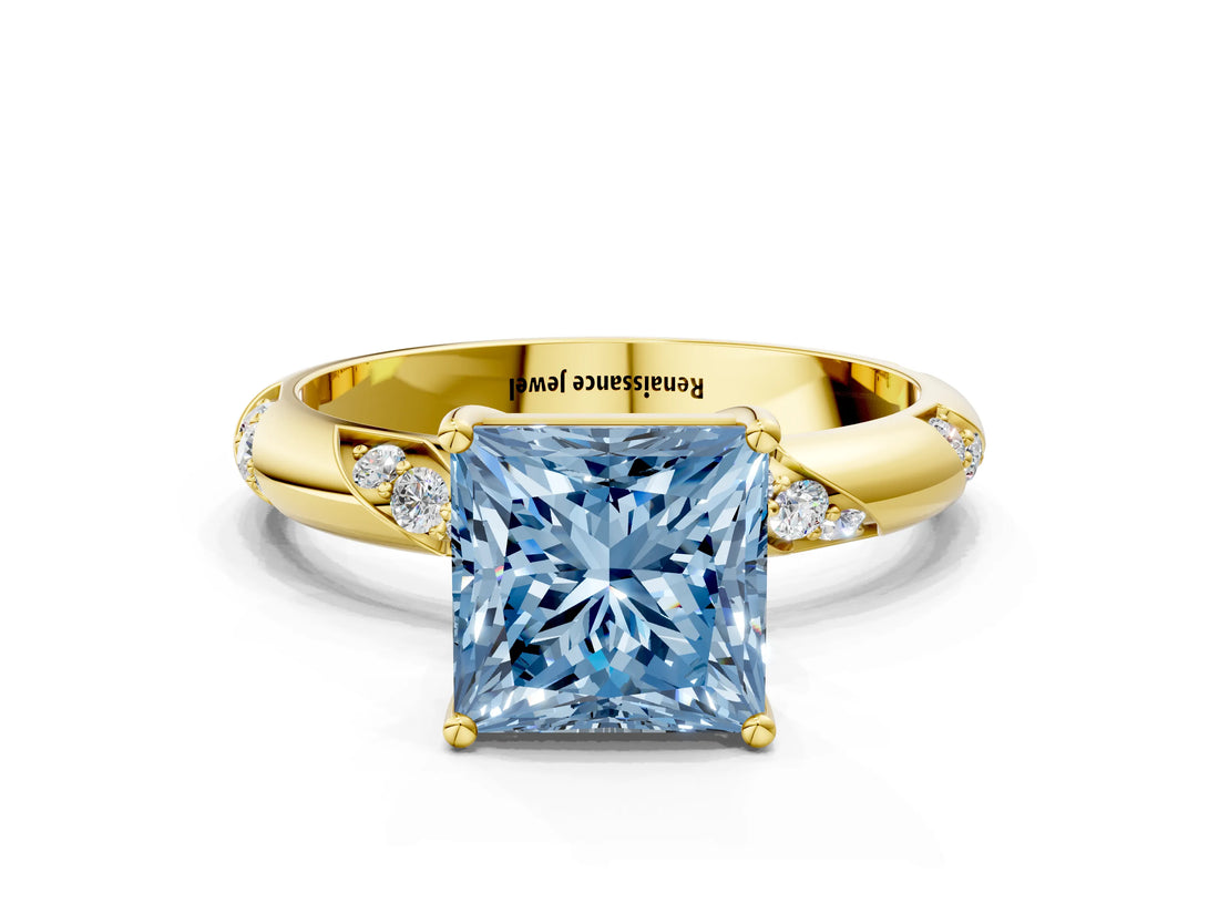 Yellow gold Fancy Blue Princess Cut Solitaire Diamond Engagement Ring with Twisted Pave Band and Four-Prong Setting_3