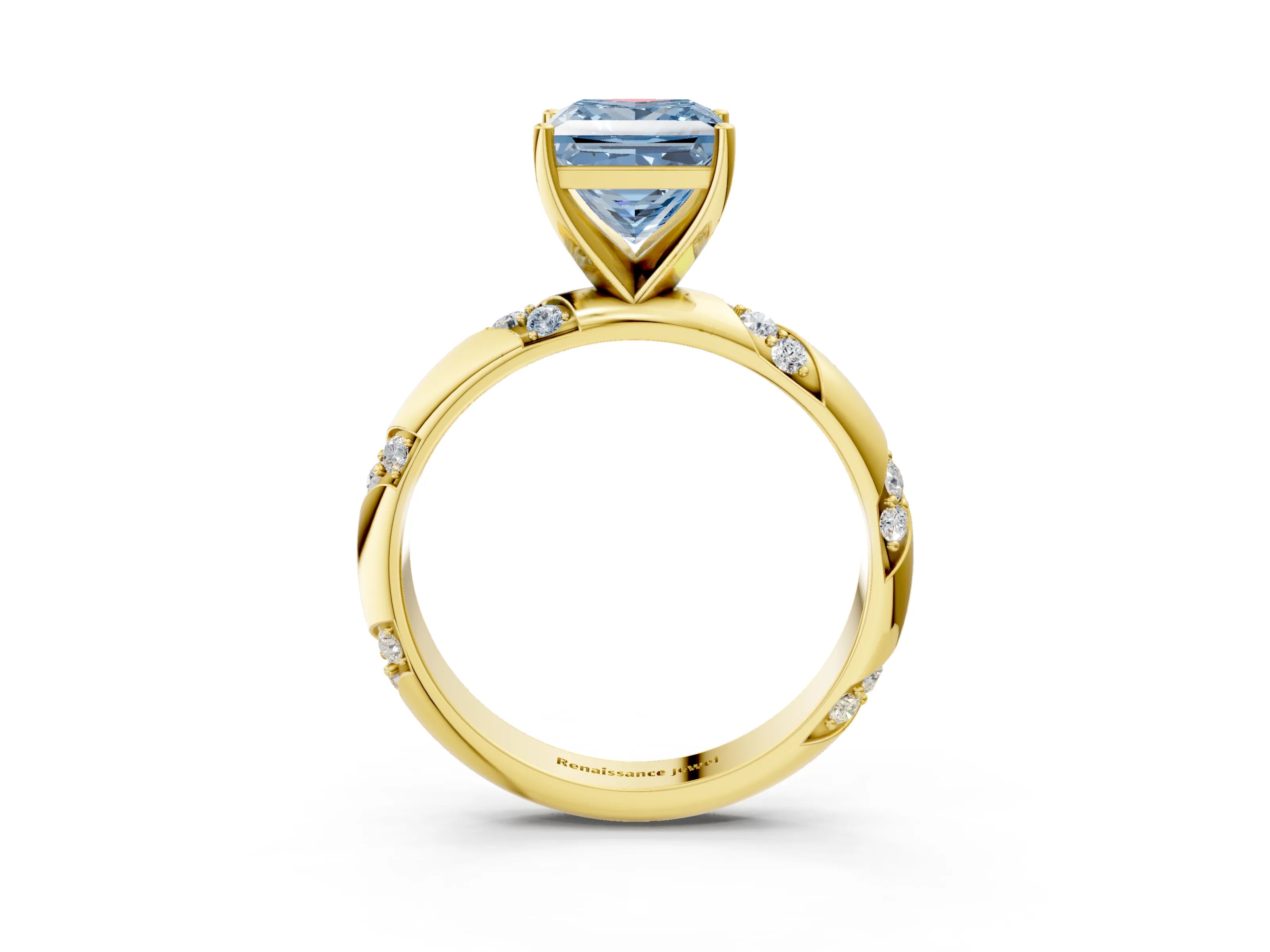 Yellow gold Fancy Blue Princess Cut Solitaire Diamond Engagement Ring with Twisted Pave Band and Four-Prong Setting_6