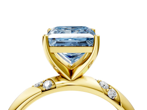 Yellow gold Fancy Blue Princess Cut Solitaire Diamond Engagement Ring with Twisted Pave Band and Four-Prong Setting_7
