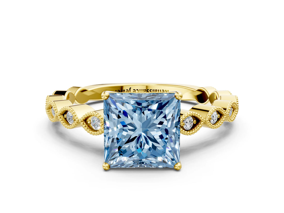 Yellow gold Fancy Blue Princess Cut Solitaire Diamond Ring with Infinity Twist Band and Four-Prong Setting