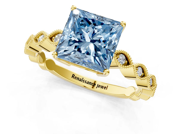 Yellow gold Fancy Blue Princess Cut Solitaire Diamond Ring with Infinity Twist Band and Four-Prong Setting