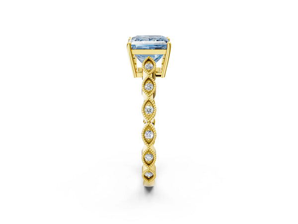 Yellow gold Fancy Blue Princess Cut Solitaire Diamond Ring with Infinity Twist Band and Four-Prong Setting