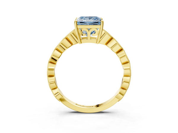 Yellow gold Fancy Blue Princess Cut Solitaire Diamond Ring with Infinity Twist Band and Four-Prong Setting