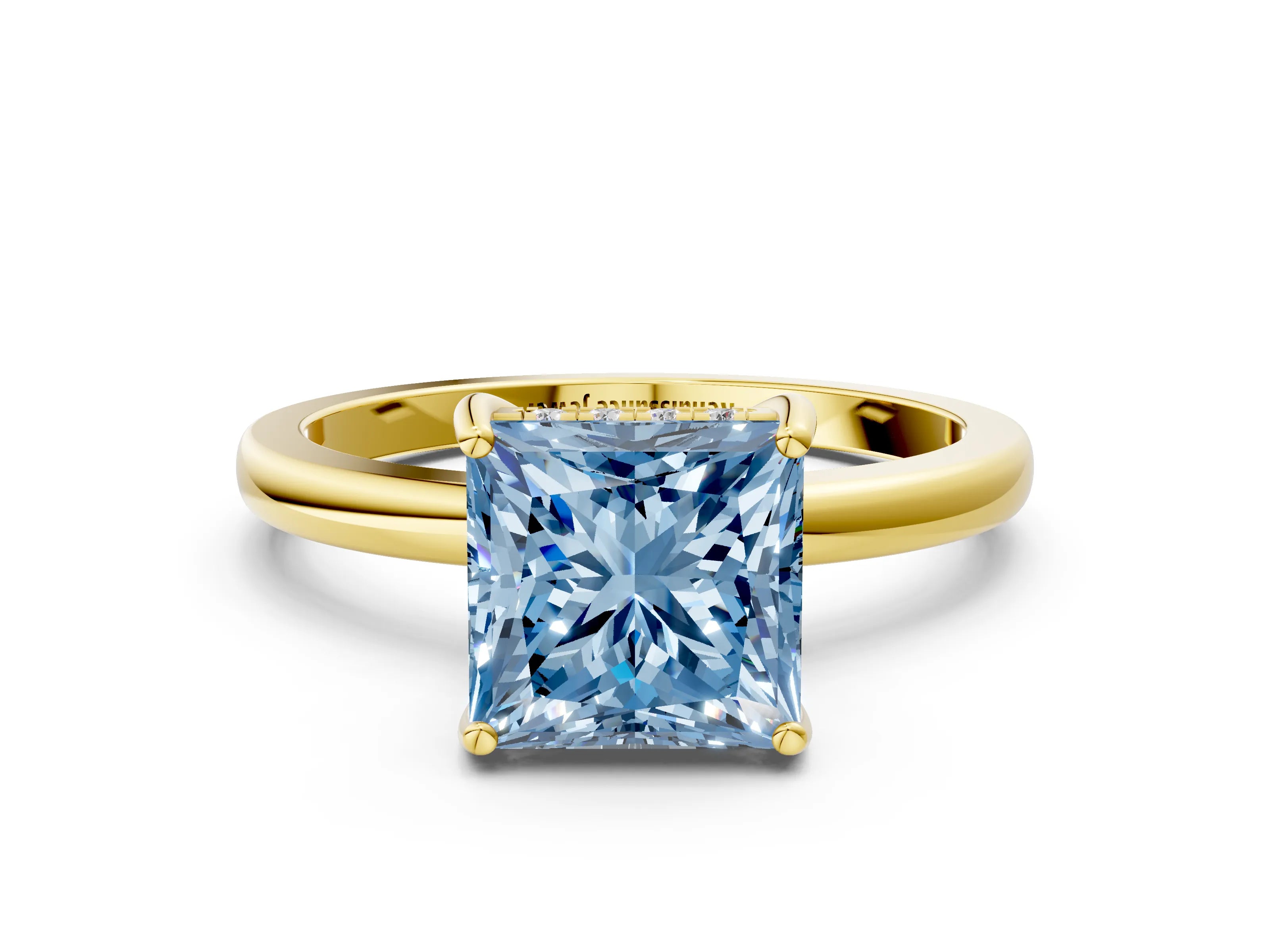 Yellow gold Fancy Blue Princess Cut Solitaire Diamond Ring with Prong Setting and Plain Band