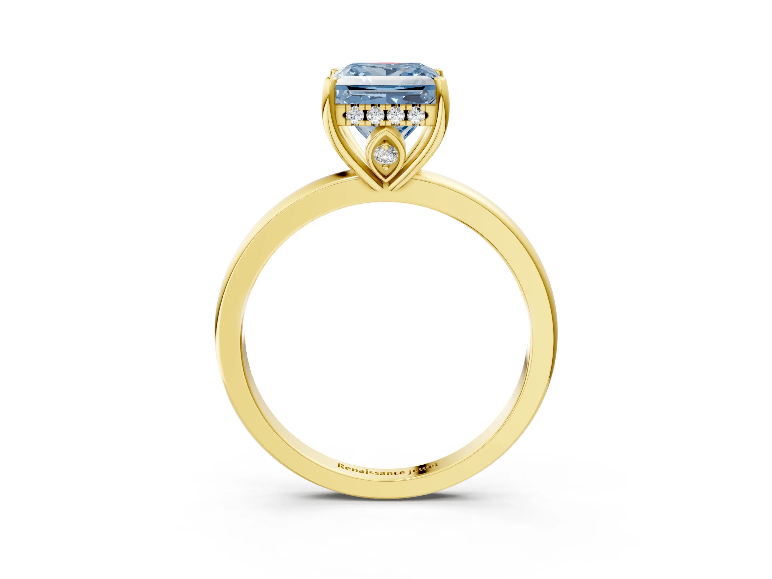 Yellow gold Fancy Blue Princess Cut Solitaire Diamond Ring with Prong Setting and Plain Band_3