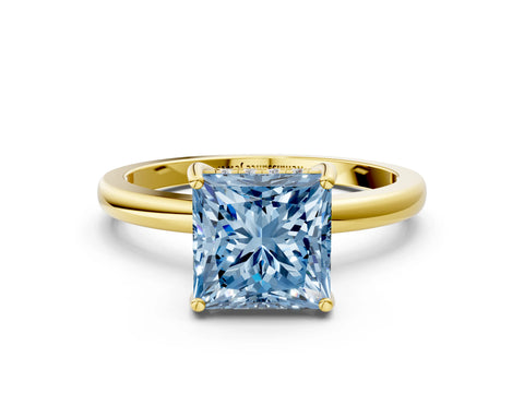 Yellow gold Fancy Blue Princess Cut Solitaire Diamond Ring with Prong Setting and Plain Band